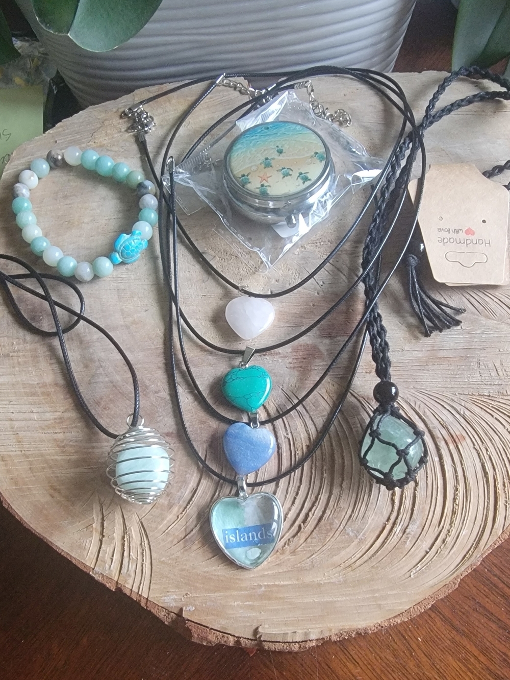 Handcrafted Set Of 8 Heart Cabochon, Stones, Turtle Bracelet Jewelry & Pill Box